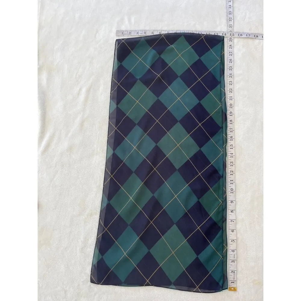 Vintage Navy & Green Plaid Sheer Scarf With Gold Lines - Image 3