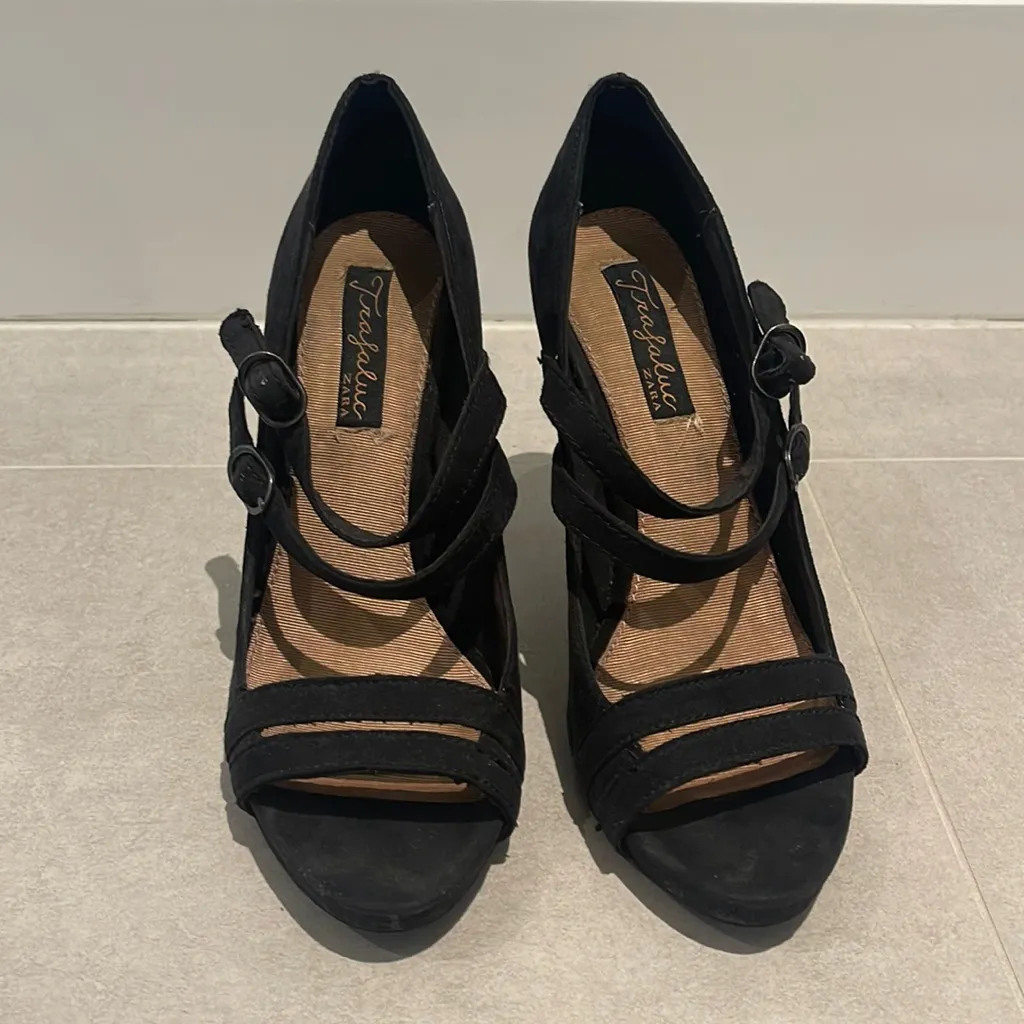 Zara trafaluc women size 37 7  black double strap shoes sandals heels - Image 2