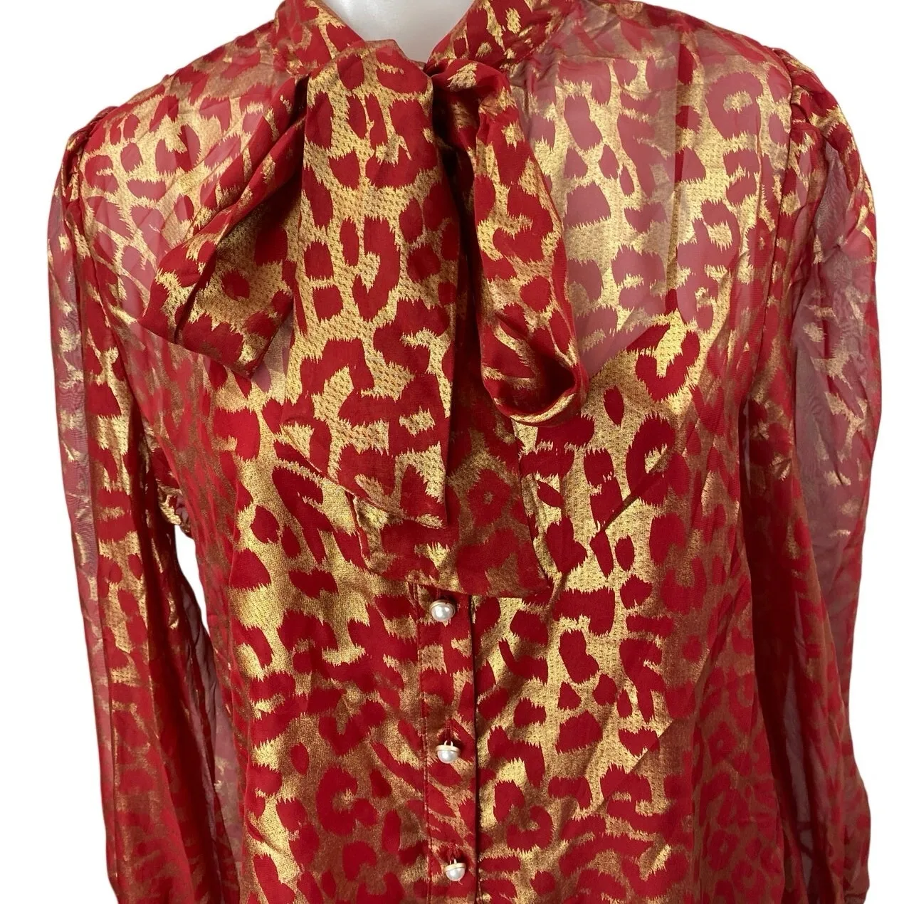Flying Tomato Red Gold Leopard Semi Sheer Tie Long Sleeve Button Up Shirt Top S - Image 4