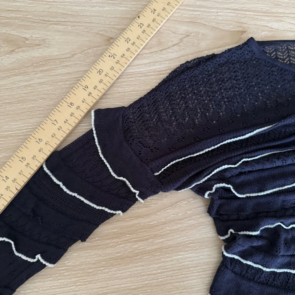 Sezane Small Aloys Sweater Navy White Ruffle Trim Lightweight Sheet relaxed fit - Image 9