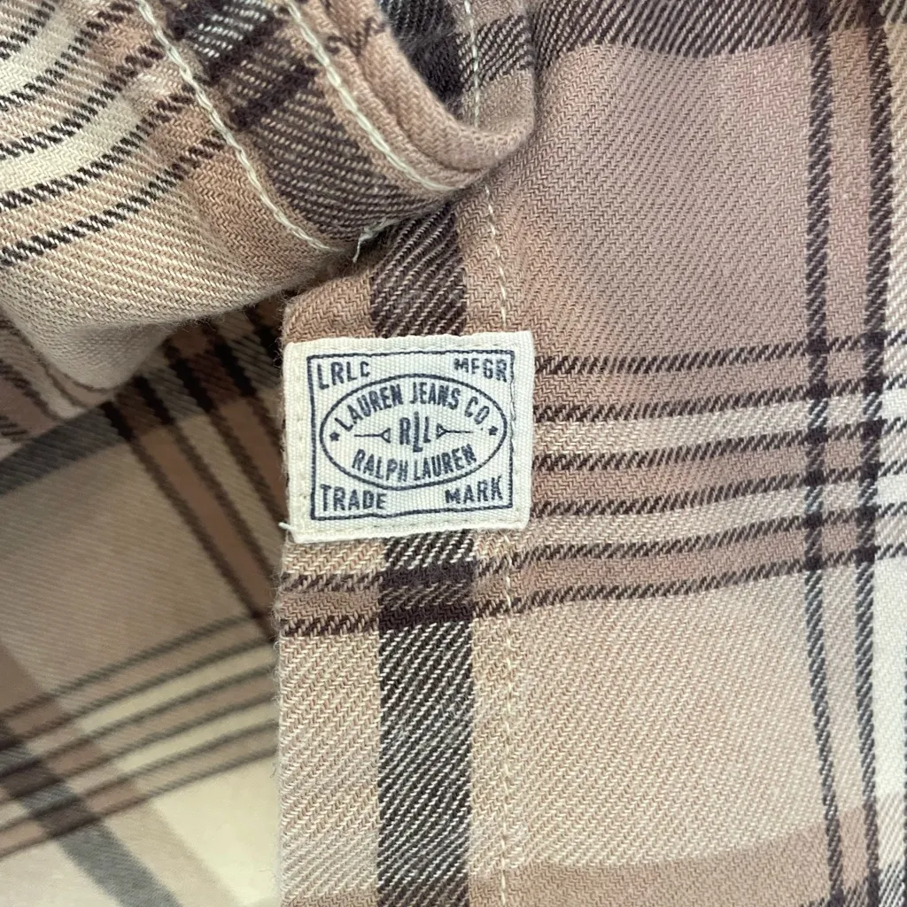 Vintage Ralph Lauren Jeans Co Flannel Plaid Cotton Shirt in Brown and Cream - Image 6