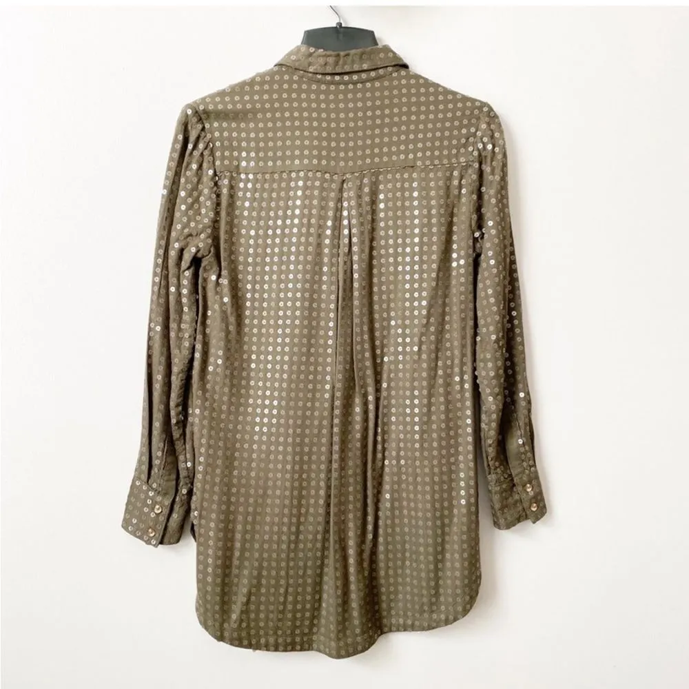 Anthropologie Maeve Green Full Sequin Button Front Shirt Sz XS - Image 7