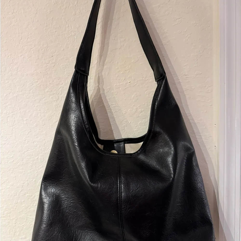 Chic Black Faux Leather Shoulder Bag With Matching Mini Bag - Image 2