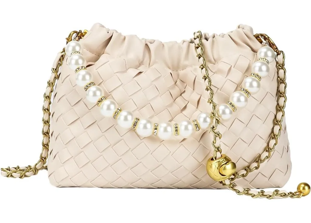 ⚡ Women's Tan Leather Dumpling Pearl Chain Evening Crossbody Clutch Bag - Image 1