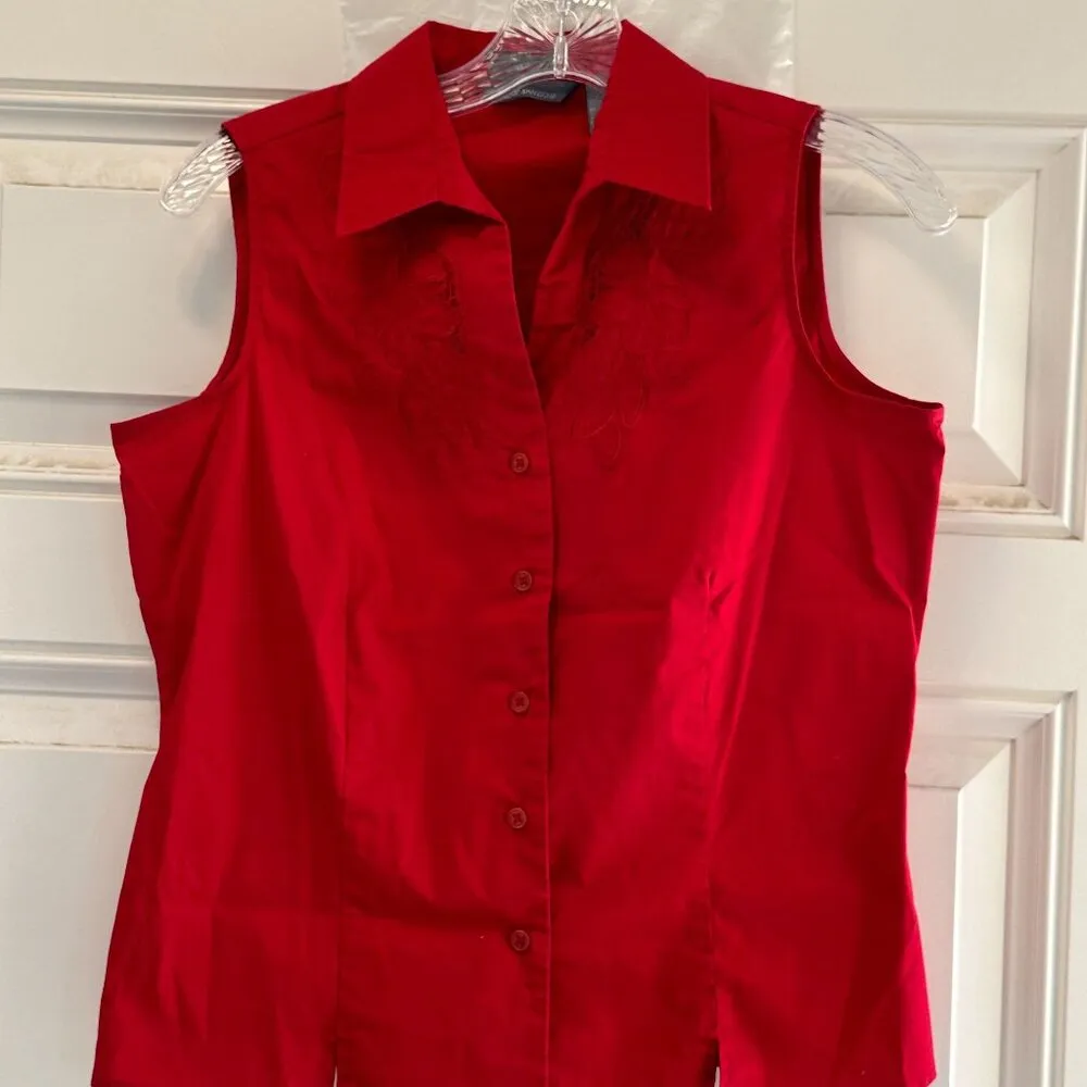 Hillard & Hanson Womens Stretch Red Sleeveless Button-Up Shirt - Size M - Image 3