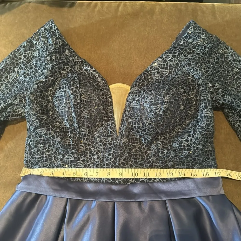 Women’s Blue Full Length 3/4 Sleeve Sparkly Sheer Bodice Dress Leg Slit Size 14 - Image 9