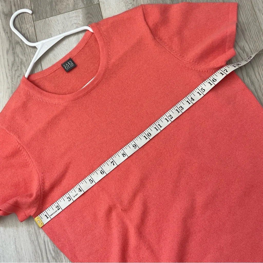 Saks Fifth Avenue Cashmere Shirt short sleeve womens Coral large knit minimalist - Image 3