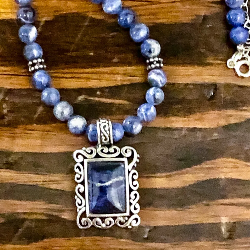 Sodalite Beaded Choker Necklace Lapis Lazuli Sterling Silver Pendant Extension Blue - Image 12