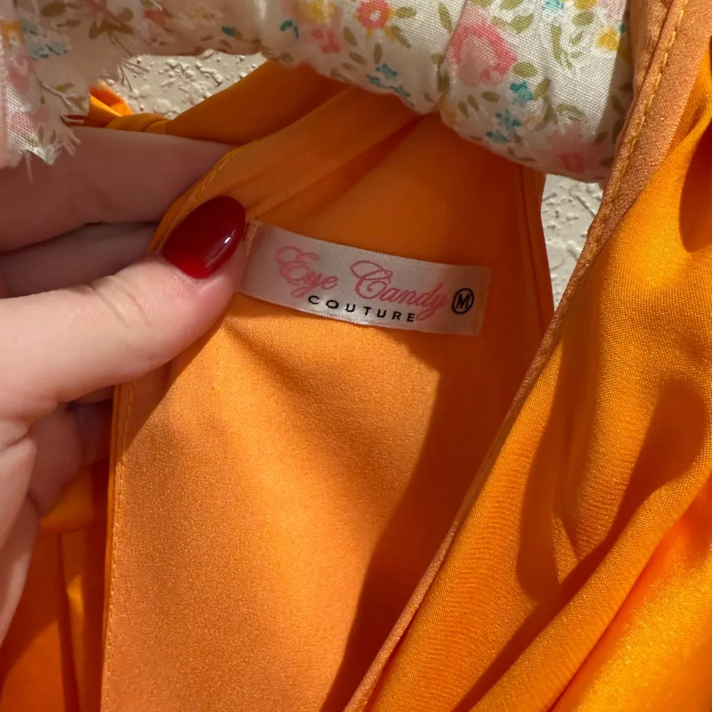 Vibrant Orange Draped Mini Dress Size M - Image 4