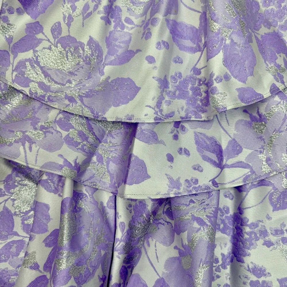 ASOS LUXE Ruffle One Shoulder Jacquard Mini Dress Purple Silver 6 Runs Small - Image 3