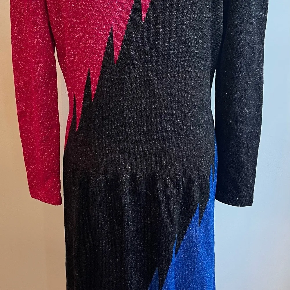 Vintage 1980s Raul Blanco Designer Metallic Knit Color Block Dress Large Black - Image 5