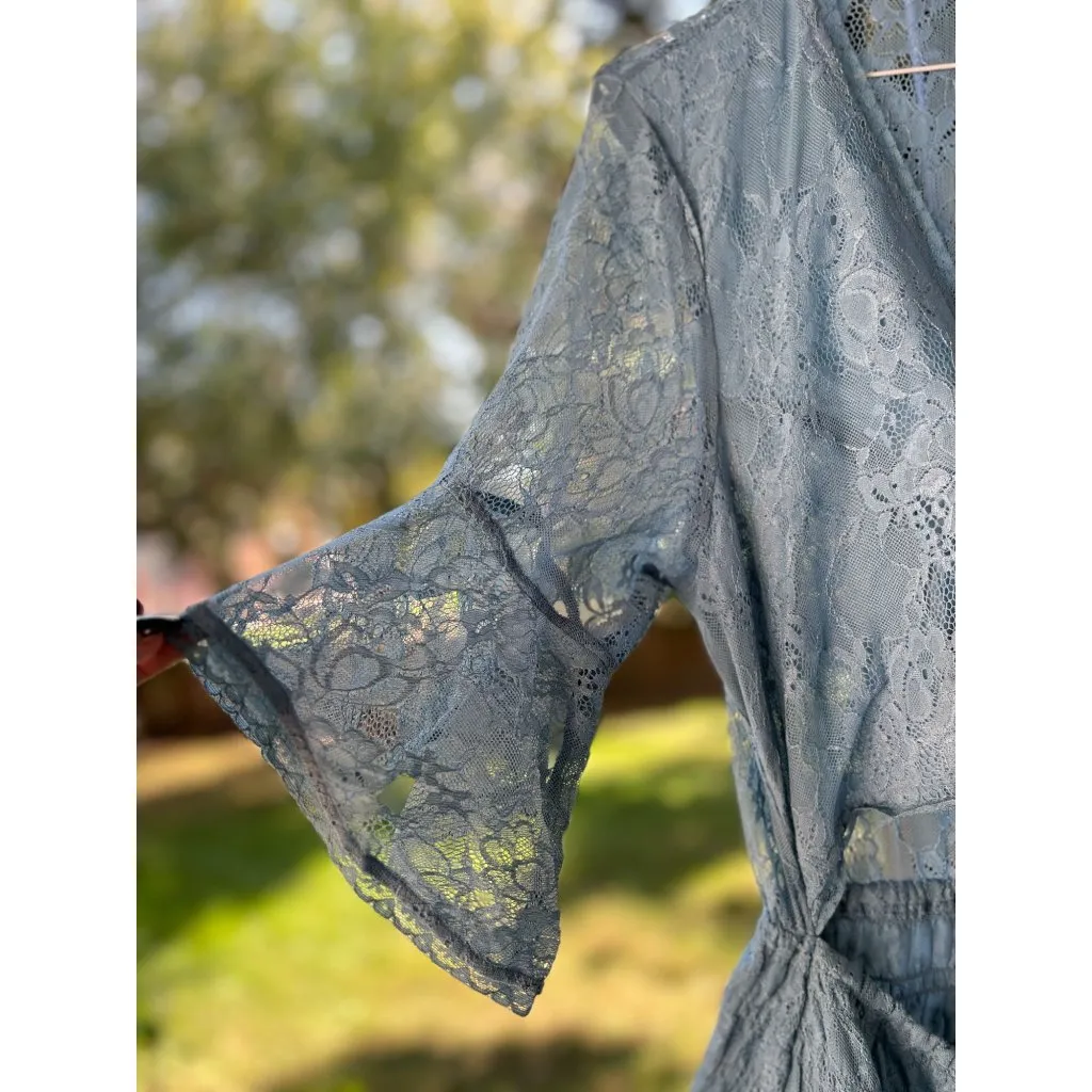 New FREE PEOPLE  Size L Lala Lace Mini Dress $128 Blue Sexy Boho Chic Festival - Image 4