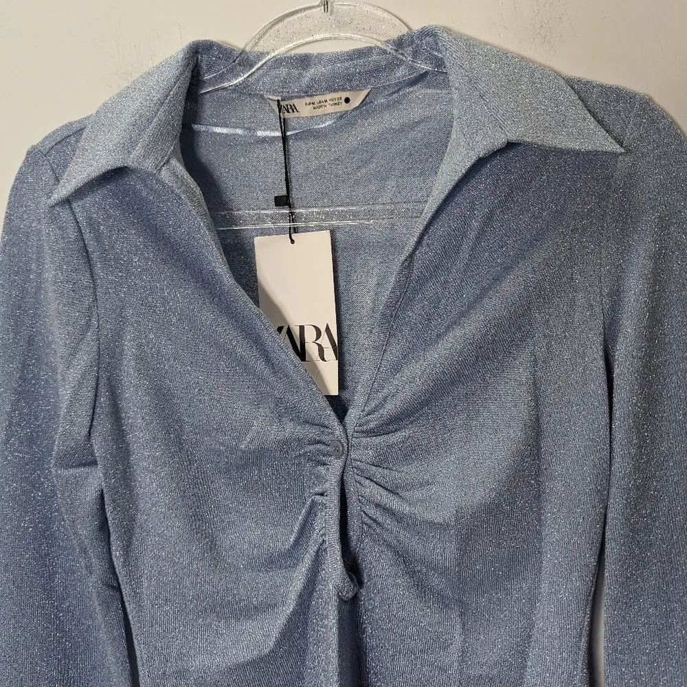 Zara blue metallic thread long sleeve top size M - Image 9