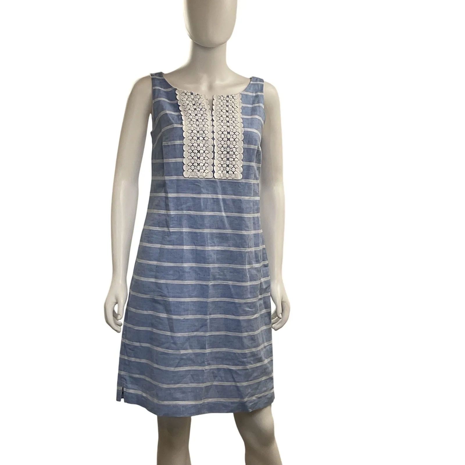 Striped Blue Dress‎ w Crochet Detail Sleeveless Casual Summer - Image 3