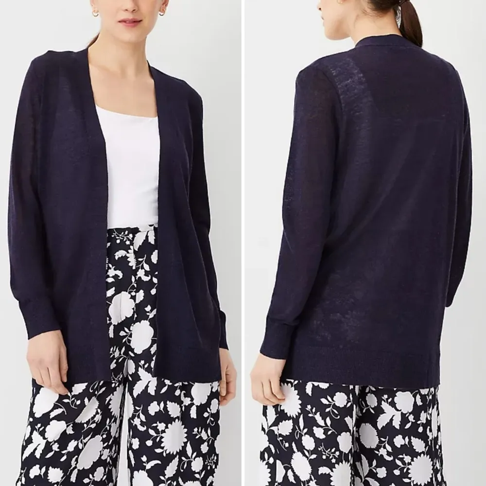 Ann Taylor Linen Blend Black Open Front Long Cardigan, Sz Medium - Image 2