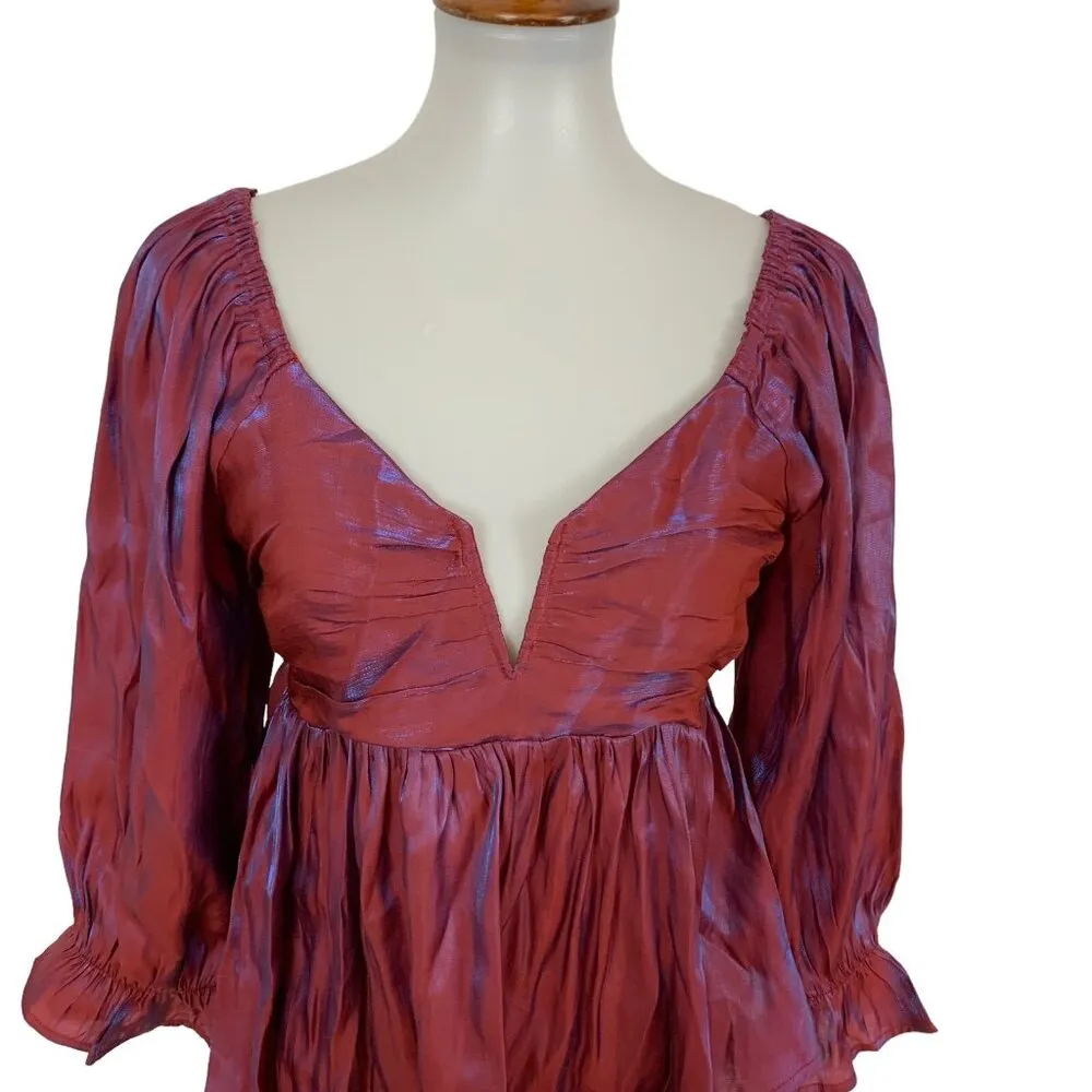 Dang Sassy Boutique Purple Red Peplum Blouse L Deep V Neck Long Sleeve Party Top Size L - Image 2