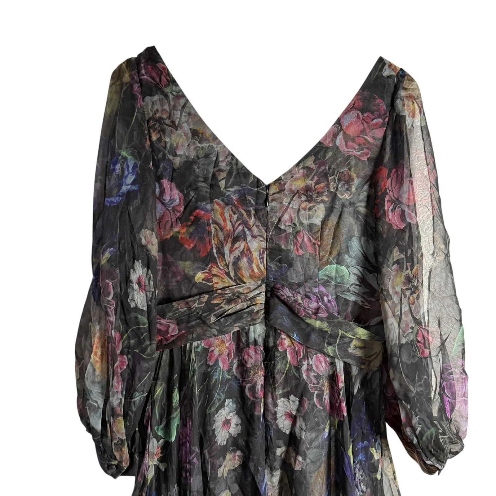 Marchesa Notte Metallic Floral Print Pleated Tulle V - Image 11