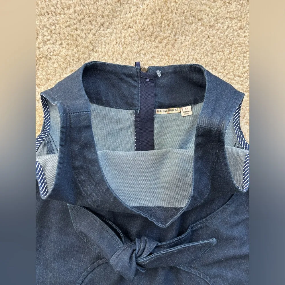 Anthropologie Holding Horses Dress Women's Petite 6 Denim Clara Tie Waist Mini Blue Size 6P - Image 3