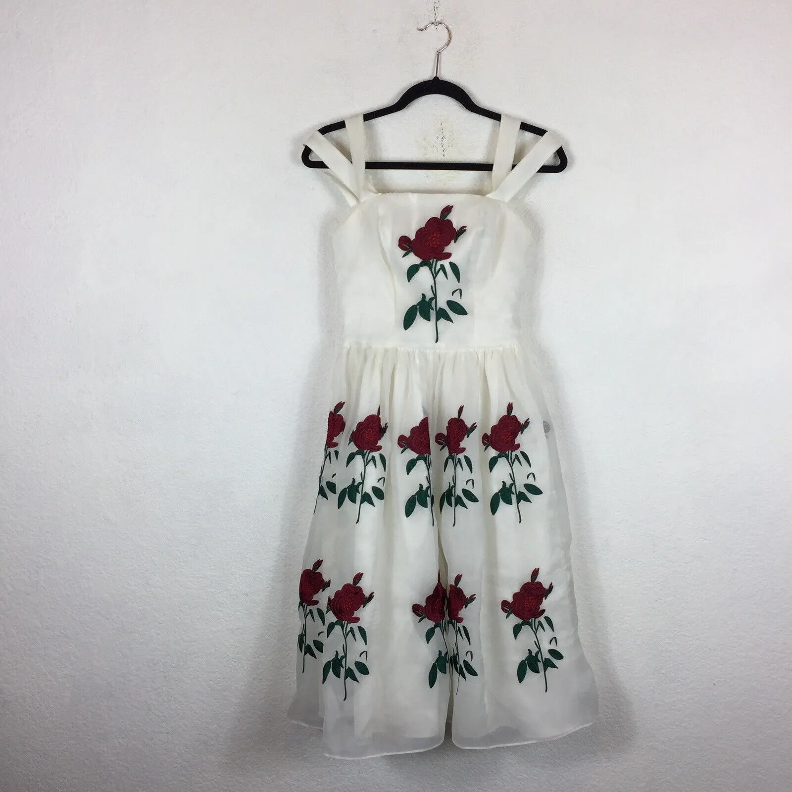 Tatyana Bella Rose Floral Embroidered Midi Dress XS Tulle Pinup Retro Cocktail White - Image 4