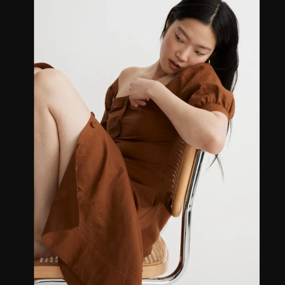 Warm Coffee Brown Seamed Puff-Sleeve Midi Dress 6 - Image 2