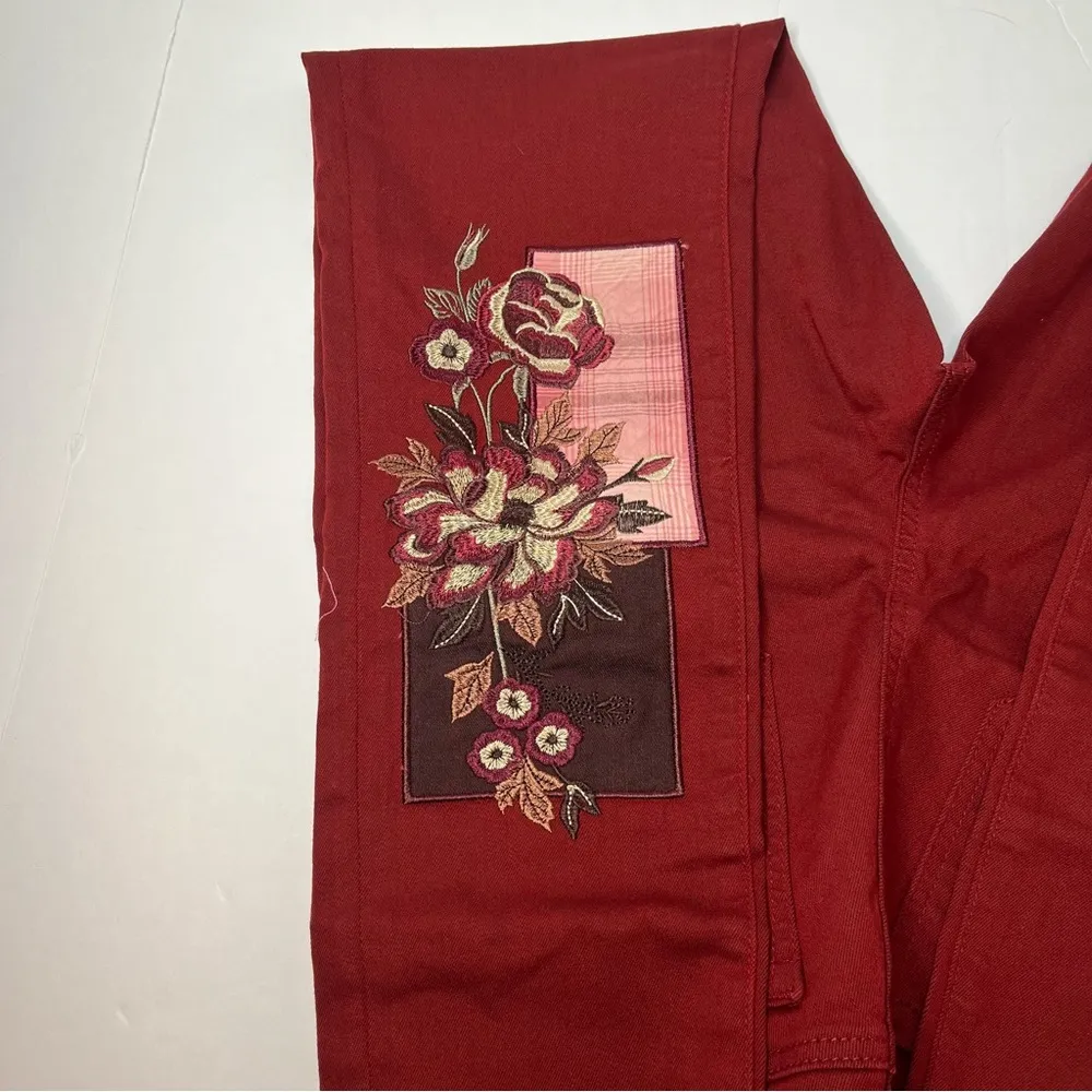 DG2 Diane Gilman Stretch Embroidered Patched Skinny Jeans, Wine Size 6 TALL New! - Image 5