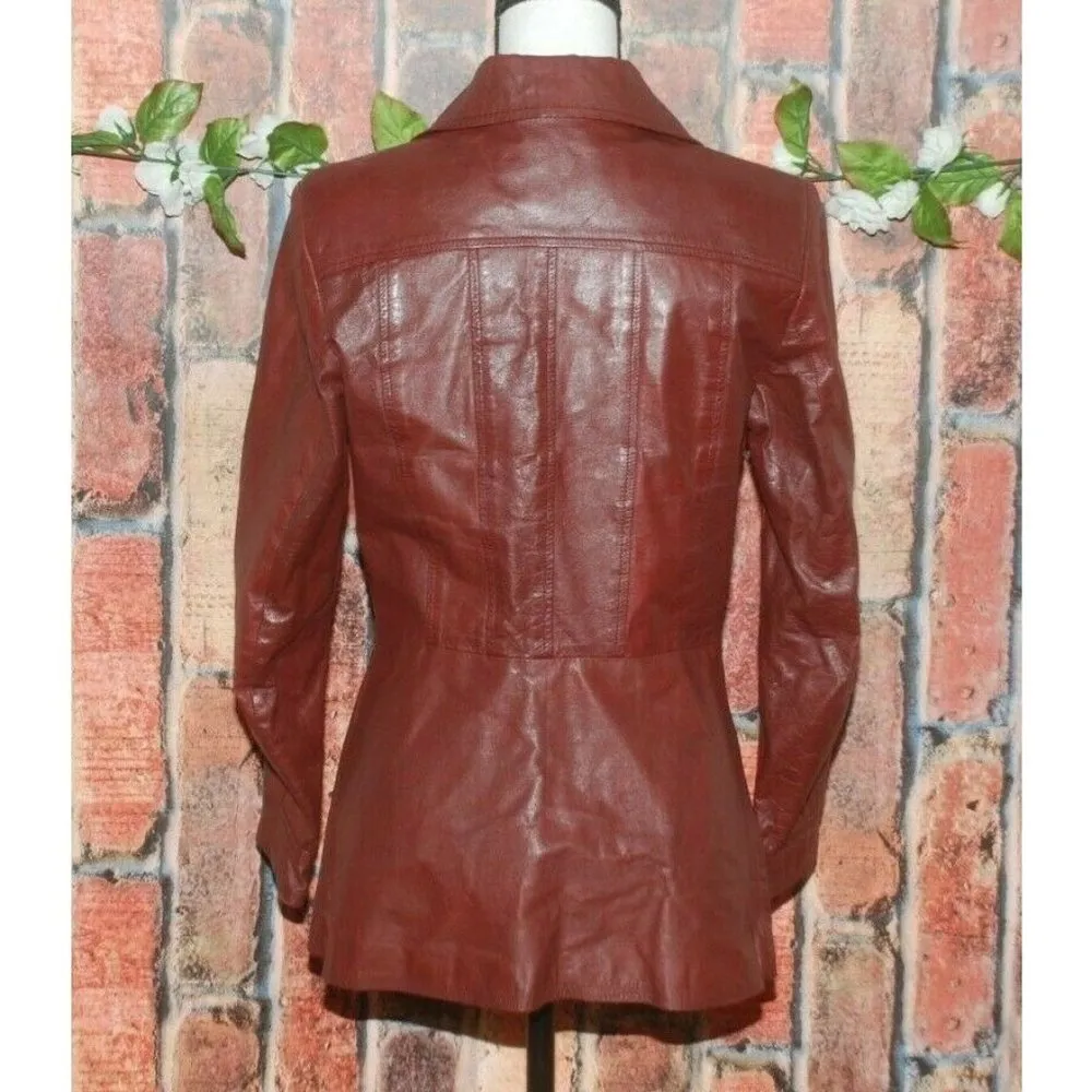 Casual Corner Ladies Brown Leather Jacket Size 11 Long Sleeve Double Button - Image 8