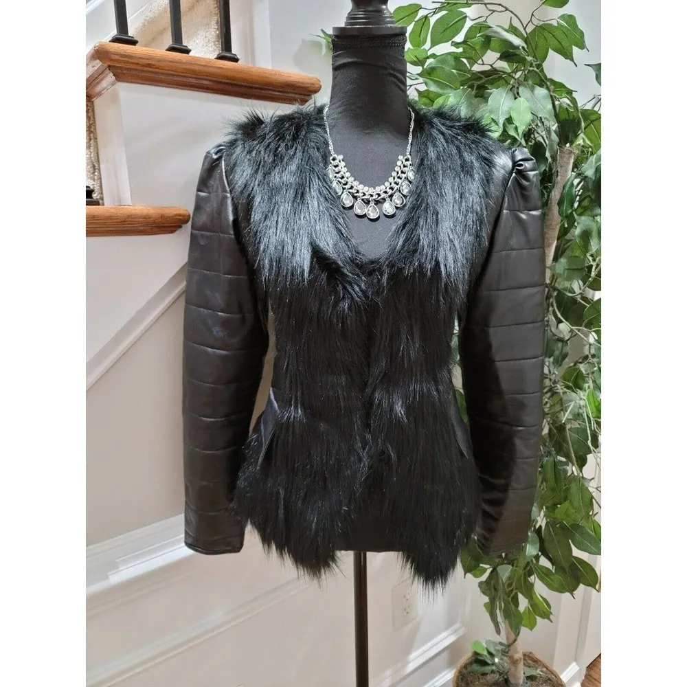 Hua Hua Meiyi Women's Black Leather Long Sleeve Faux Fur Casual Jacket Size S - Image 10