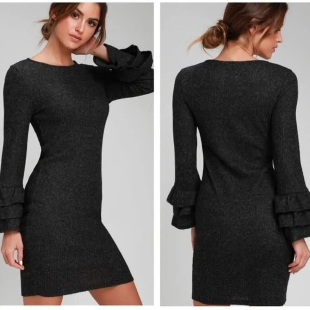 Lulus Rooney Heather Dark Grey Flounce Sleeve Bodycon Sweater Dress‎ Size L - Image 2