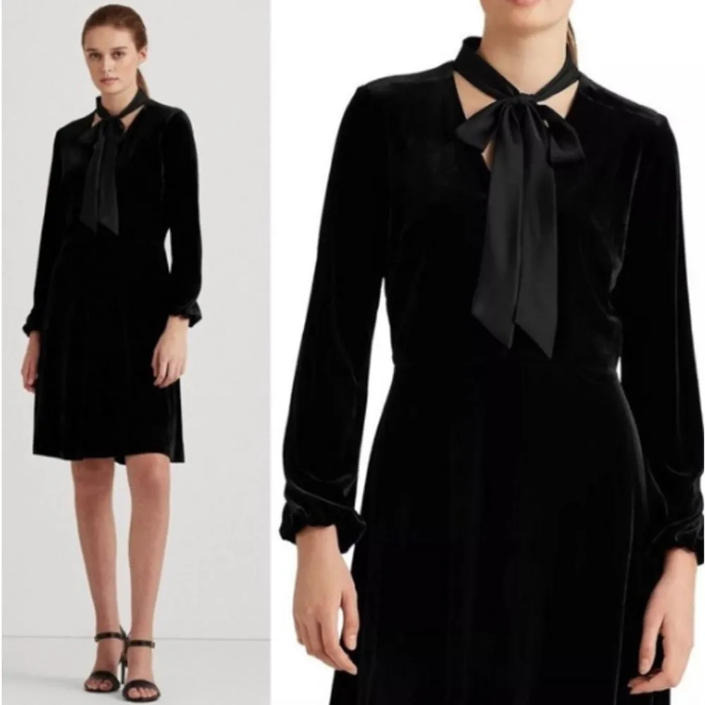 Lauren Ralph Lauren Velvet Dress Tie-Neck Fit & Flare A-line Long Sleeve, 10P - Image 2