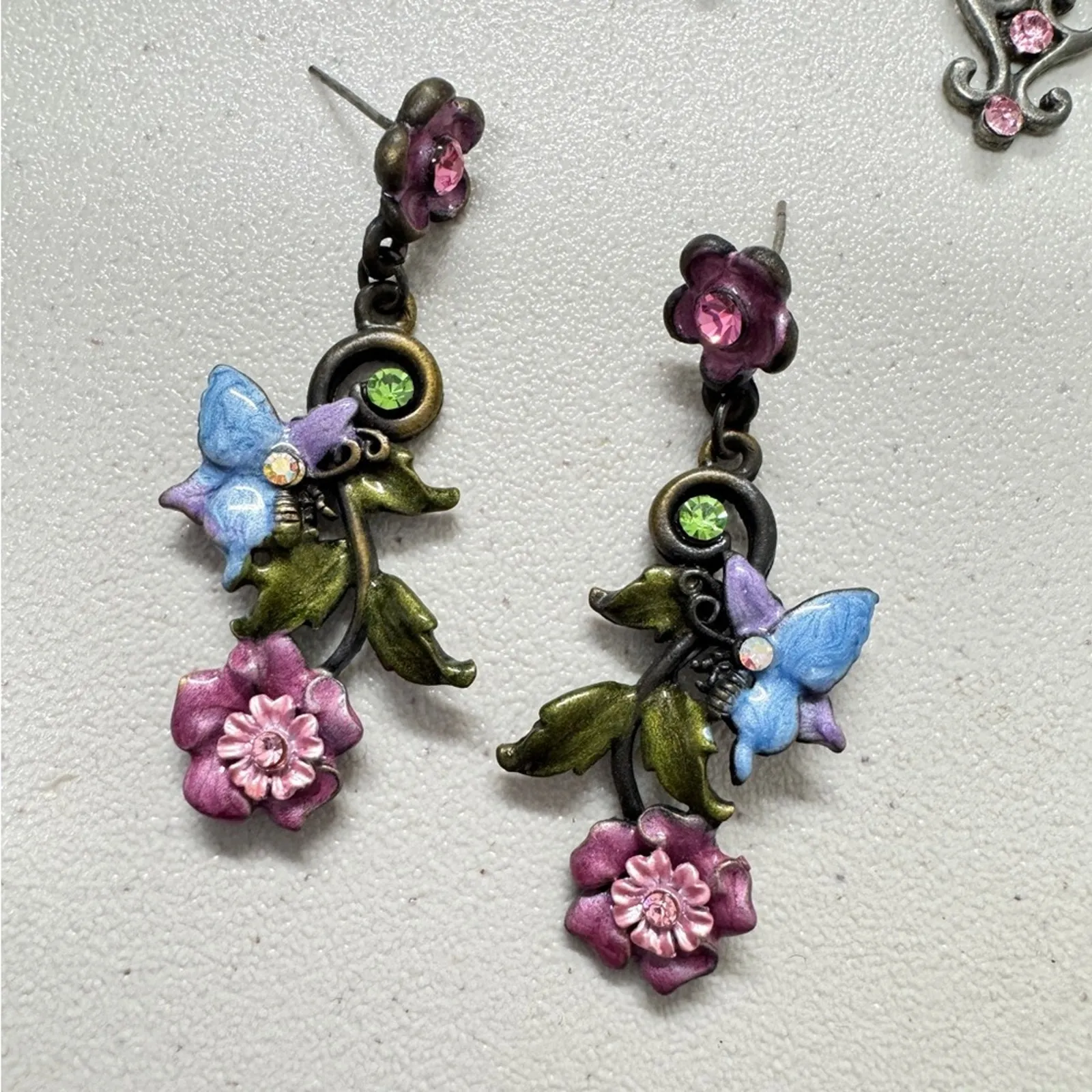 Pink Purple Enamel Rhinestone Flower Dangle Earrings Set of 3 Boho Jewelry - Image 3