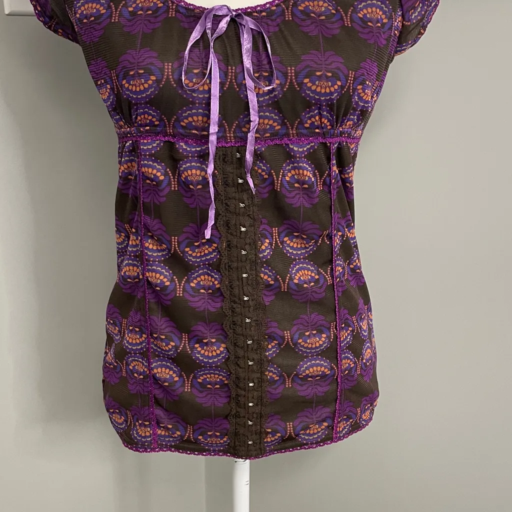 Ikebana Purple Women's Top Cap sleeves Y2K Semi Sheer Hooks tie baby doll Size M - Image 3