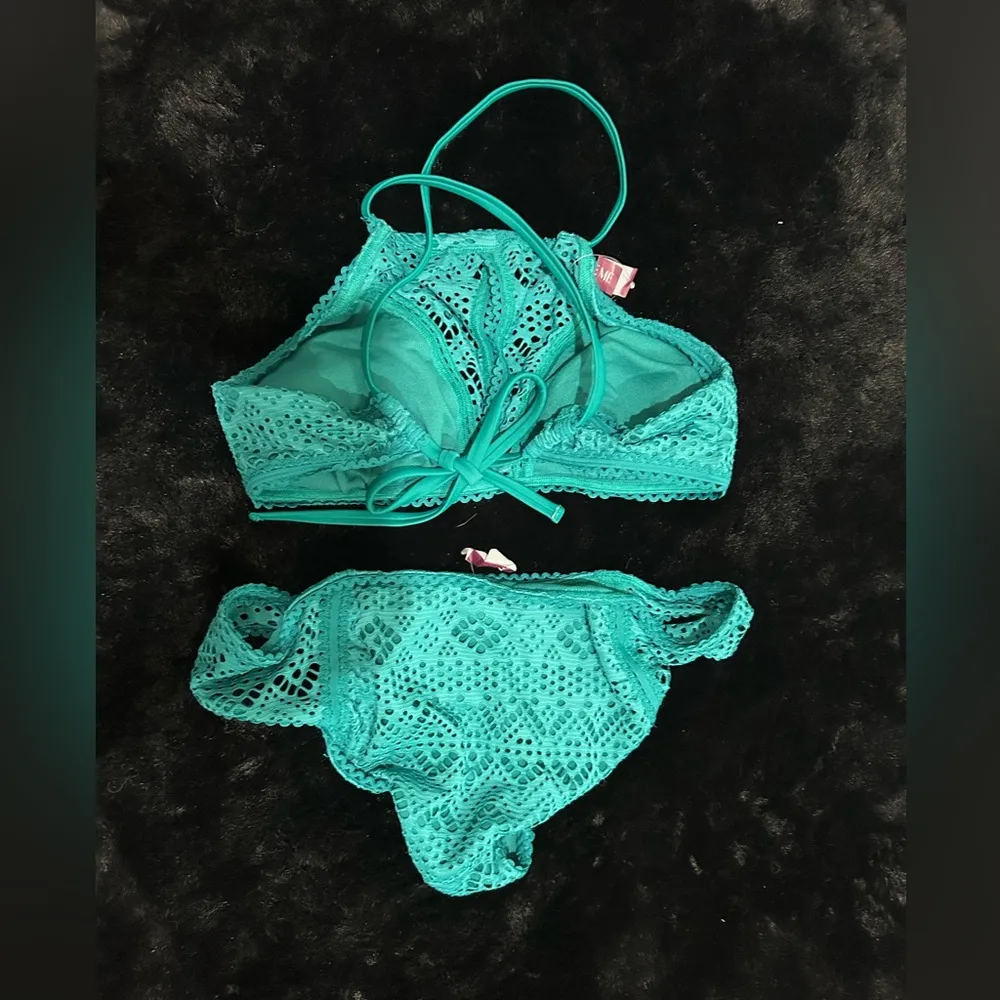 Adore Me High Neck Crochet Bikini Set L Teal Green Swim NWT Sexy Trendy Beach - Image 12