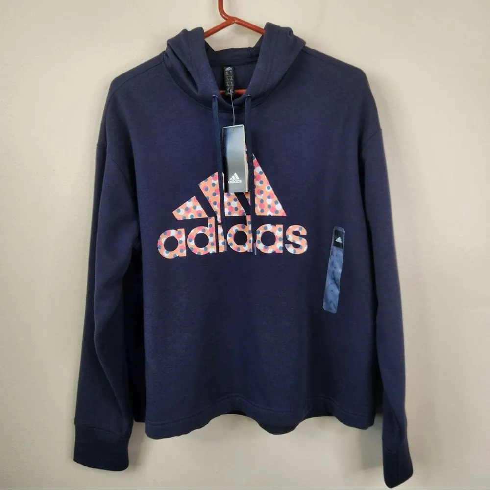 NEW Adidas Hoodie Womens Plus Size 2X Navy Blue Logo Dot Print Sweatshirt - Image 2