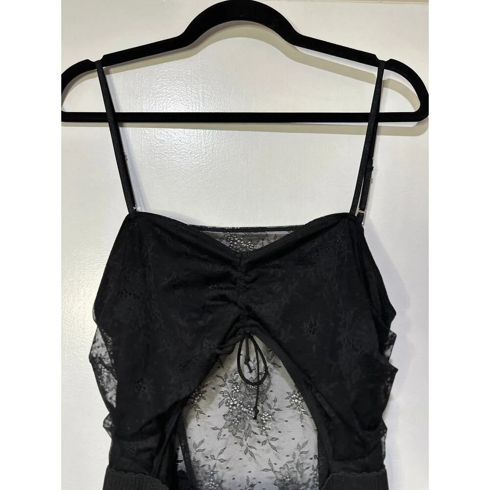 For Love & Lemons Poison Ruched Black Dress Size 1X NWT Stretch Jacquard Lace - Image 3