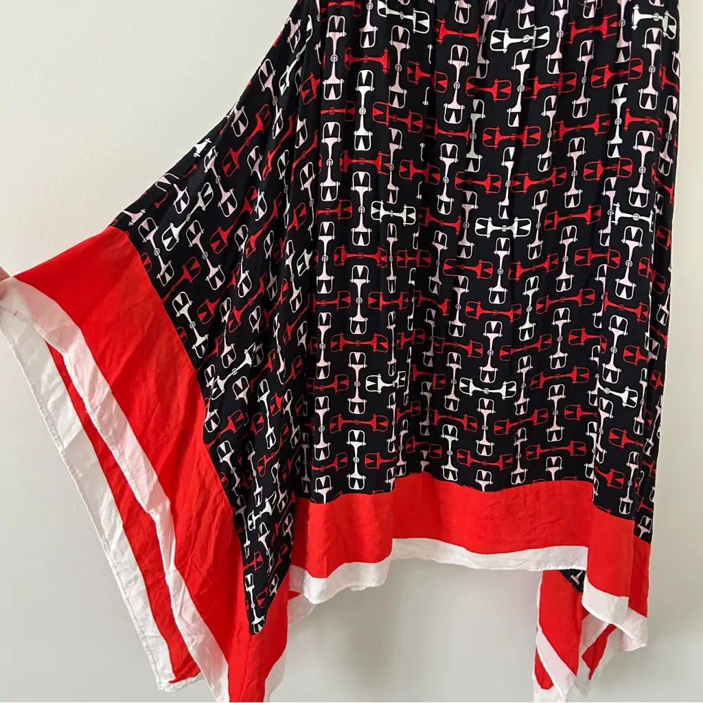 Maje Smocked Satin Horsebit Sleeveless Scarf Print Black Red Asymmetrical Hem 36 - Image 6