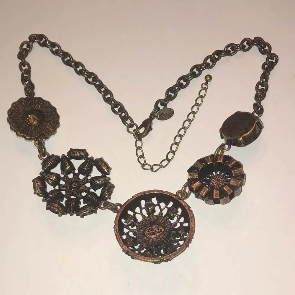 Lia Sophia Boho CZ Rhinestone Faux Pearl Brass Tone Runway Statement Necklace - Image 7