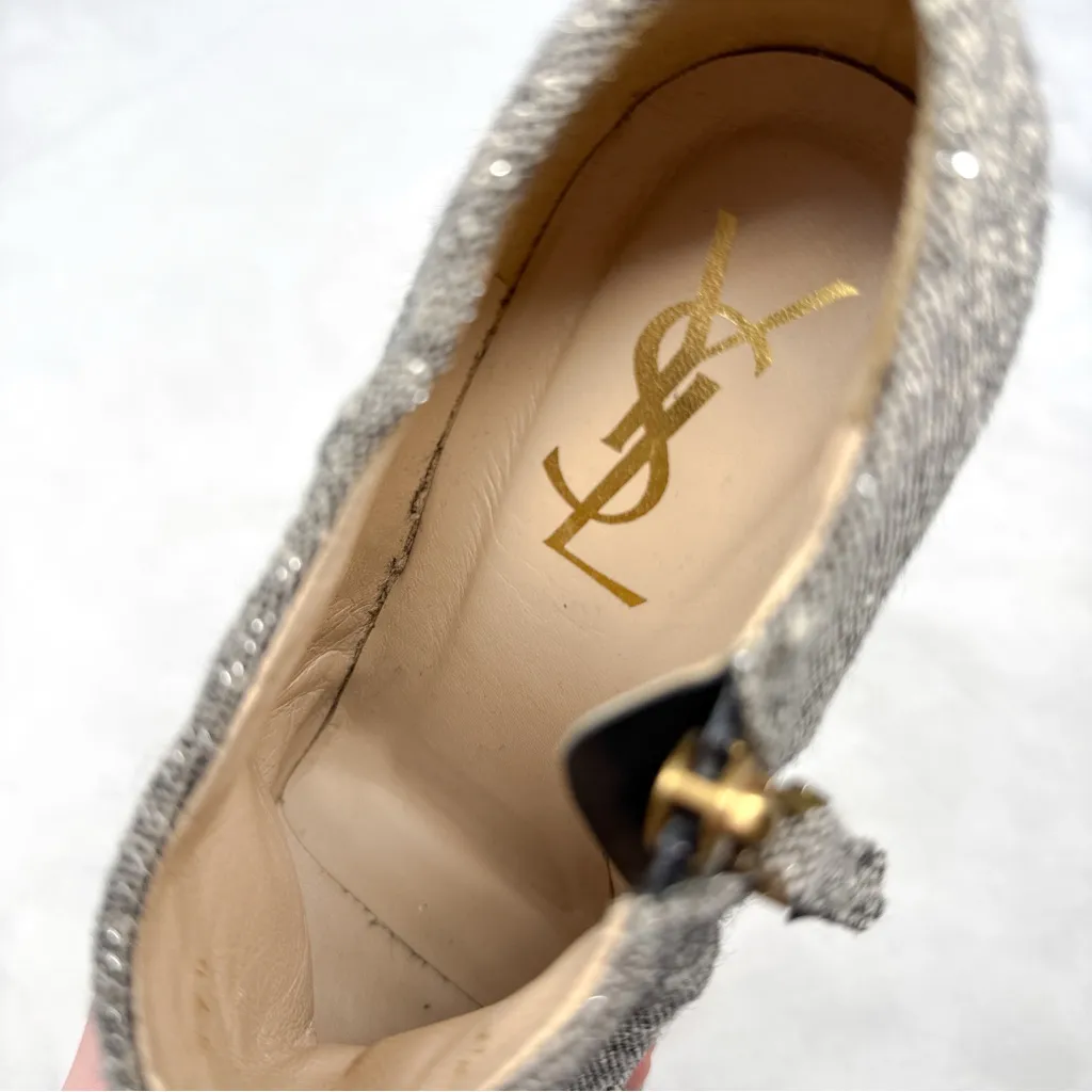 YSL Yves Saint Laurent Y2K Vintage Glitter Tweed Platform Heeled Ankle Boots - Image 8