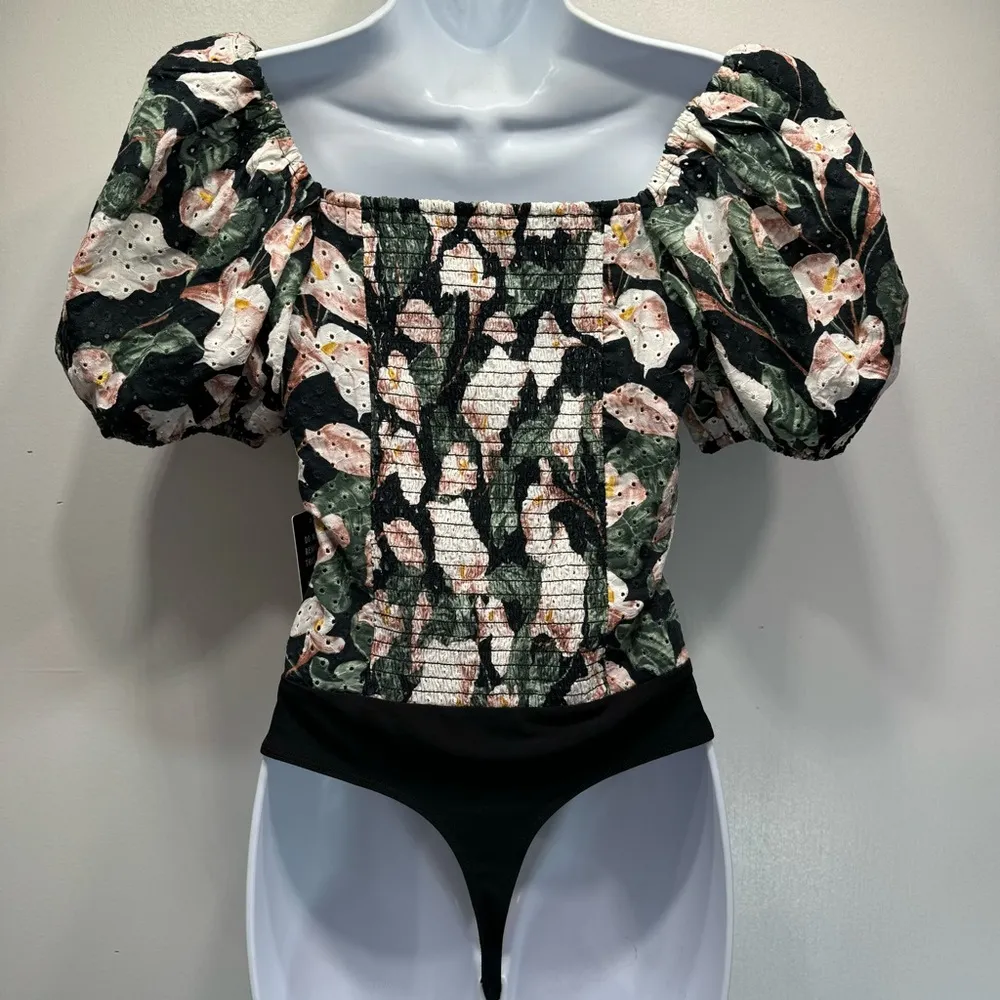 NEW Black Floral Eyelet Bubble Sleeve Off Shoulder Smocked Bodysuit S - Image 3