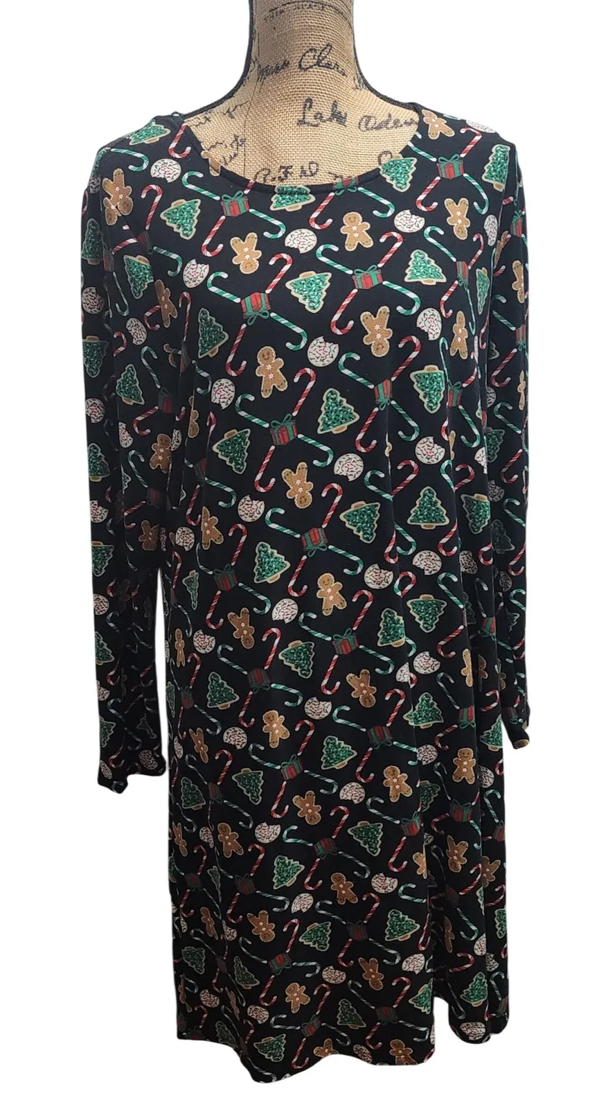 Joyland Womens XL Long Sleeve Christmas Gingerbread Candy Cane Tree Print Dress Black - Image 1