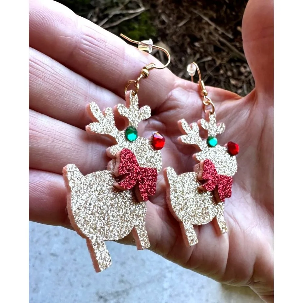 Rudolph Reindeer Earrings Handmade Christmas Whimsical Hooks Glitter Acc… - Image 7