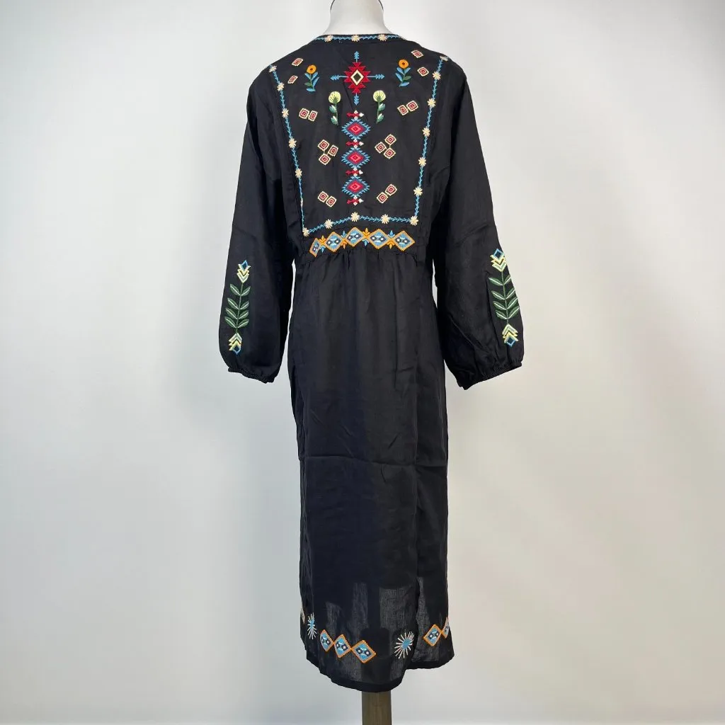$398 NWOT JOHNNY WAS Embroidery Linen Blend Long Sleeves Midi Dress Size S - Image 8