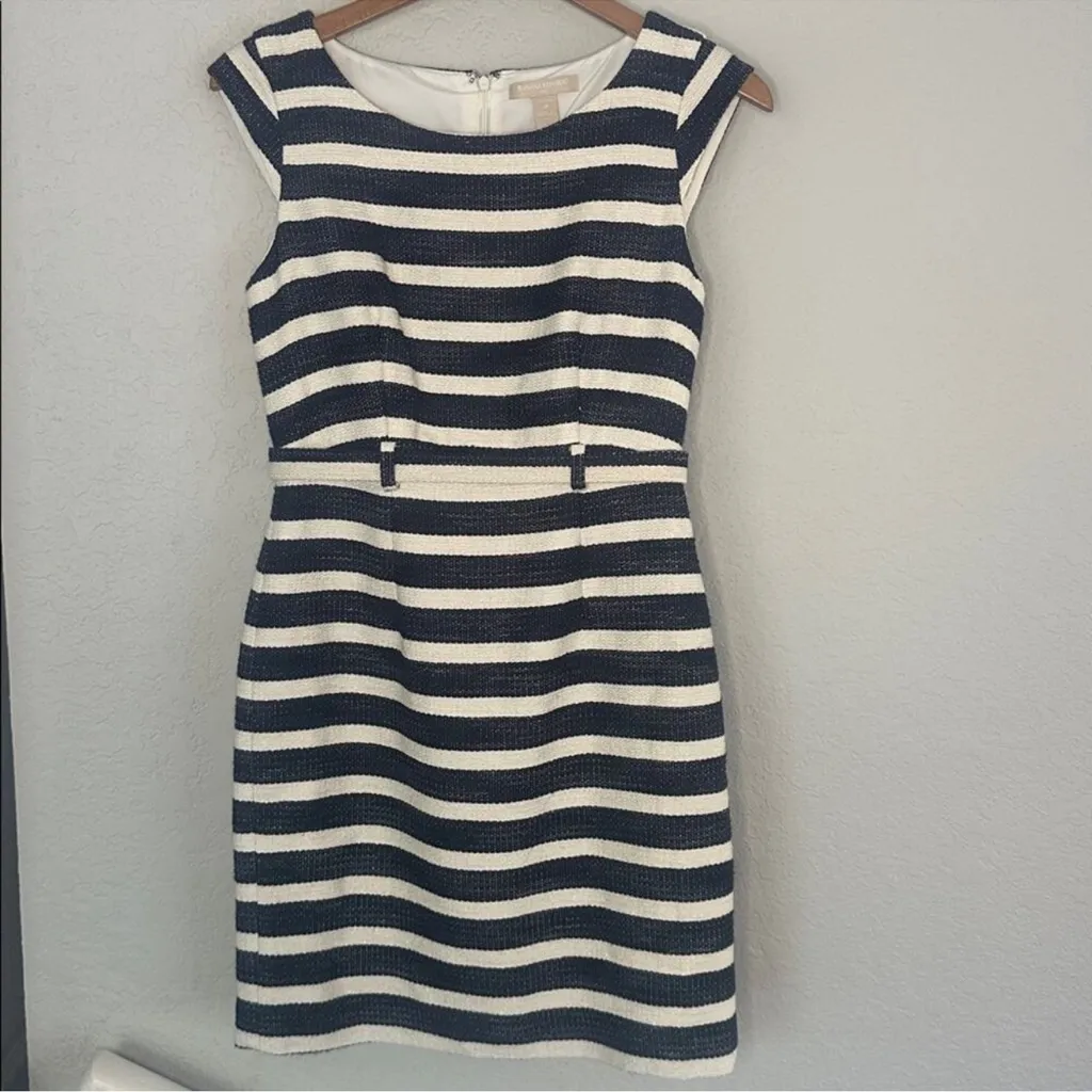 Banana Republic Navy White Striped Dress Tweed Preppy Office Demure Belted 2P - Image 2