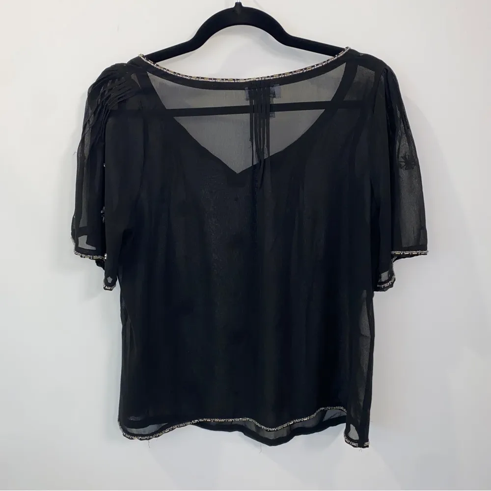 Vintage Carmen Marc Volvo Black Beaded Sheer Shirt Short Sleeved Top Small - Image 5