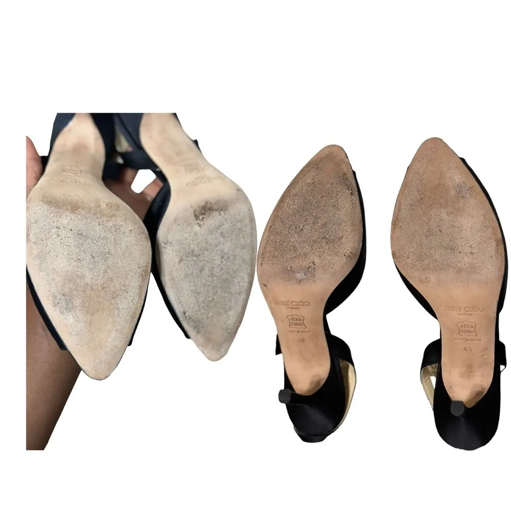 Jimmy Choo Crystal Embellished Open Toe sling Back Satin Shoes BLK EU40 … - Image 7