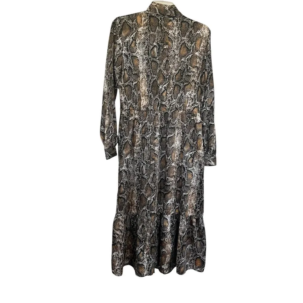 Zara Brown Snakeskin Animal Print Long Sleeve Button Front Tie Neck Midi Dress L - Image 5
