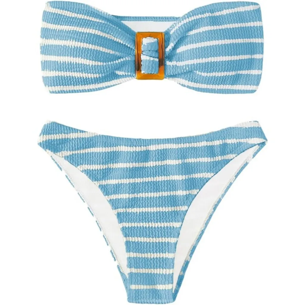 Blue Striped Strapless Bandeau Swimsuit High Waisted Textured Bikini MEDIUM - Image 1