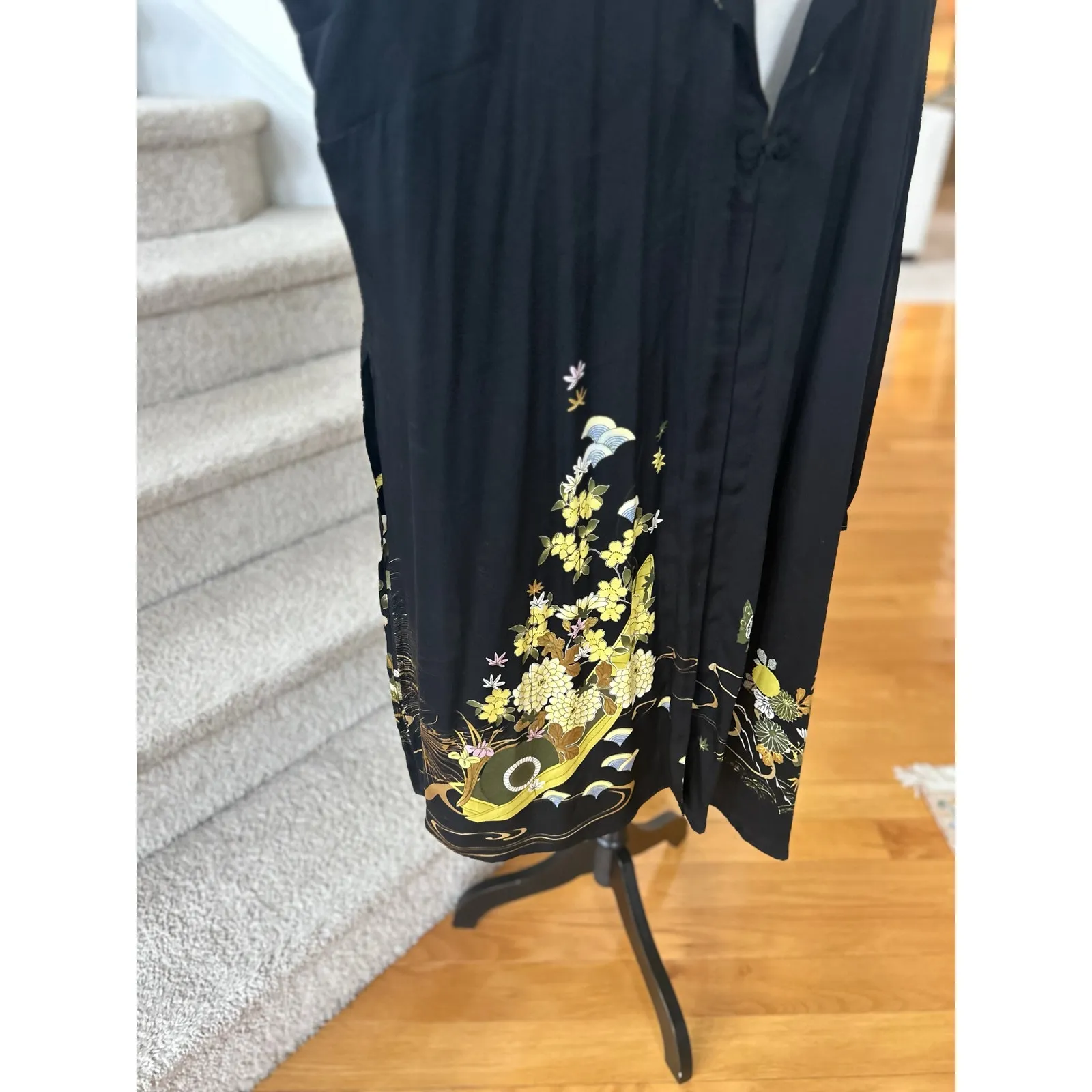 Citron Santa Monica Black Yellow Silk Chinoiserie Floral Print Long Line Jacket Size 2X - Image 5