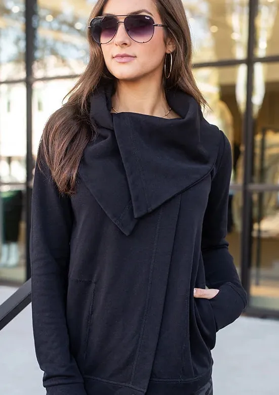 Beyond Yoga Black Fleece Jacket Womens Small Oversized Shawl Collar Drape Sporty - Image 1