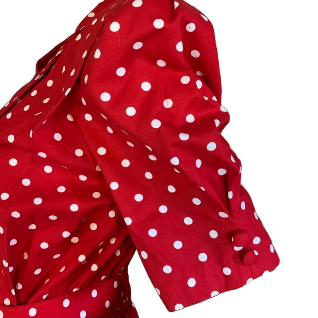 VINTAGE 1980'S V.L.P. PETITES RED & WHITE POLKA DOT DRESS WITH BELT (8P) - Image 10