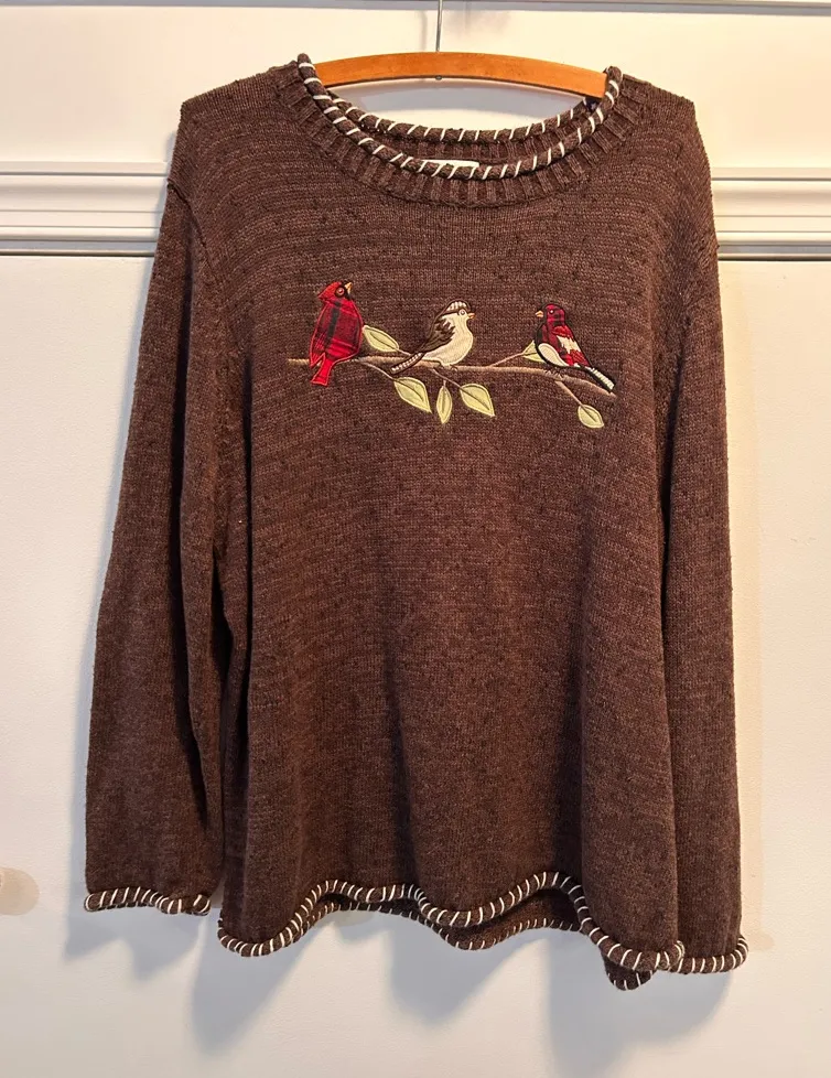 Christopher & Banks CJ Banks Pullover Fall Sweater Hand Embroidered Red Bird 2XL Brown Size XXL - Image 1